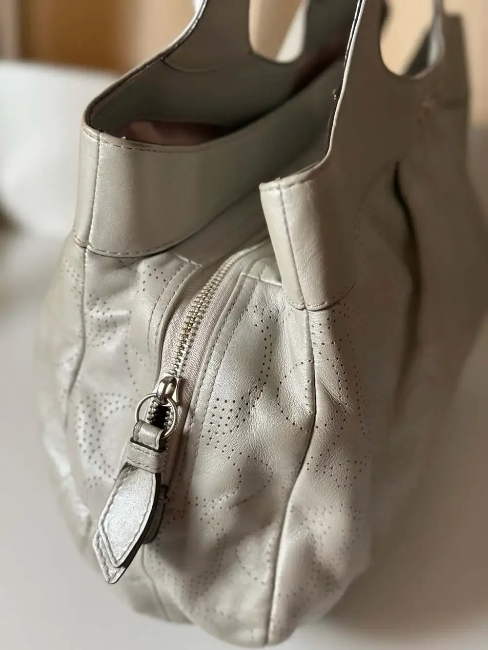 Coach Metallic Silver Perforated Leather Hobo Handbag F19258